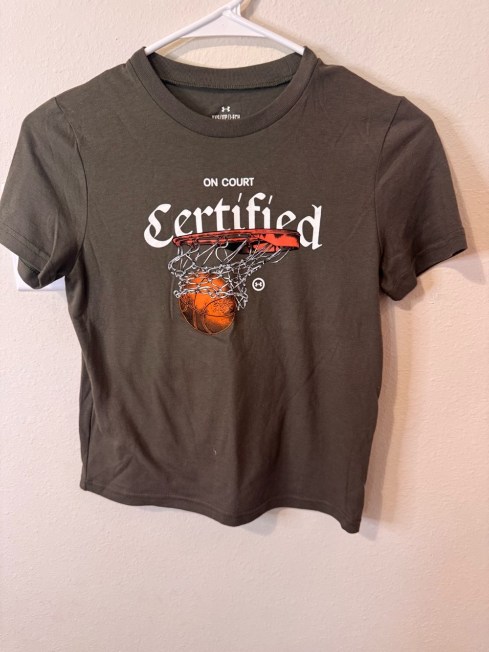 Under Armour Olive Green Tee with Orange Basketball Graphic